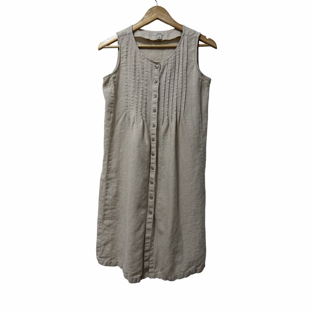 LL Bean 100% Linen Pintuck Button Down Sleeveless Shift Dress Size 6P Oatmeal